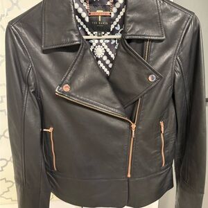 Ted Baker Black Leather Jacket size 2 with rose gold zippers
